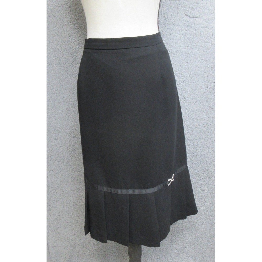Lady Hazan Pleated Skirt Women 16W Black Rhinestone Bow Lined Knee Length Career